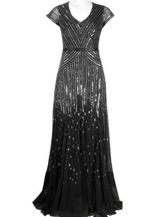 Adrianna Papell Dresses & Skirts - Adrianna Papell Black and Silver Sequin V-Neck Maxi Dress